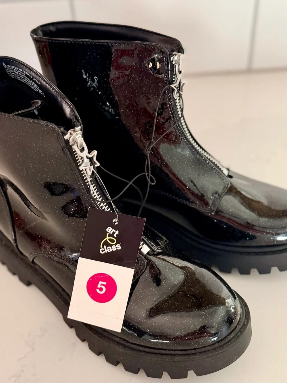 Target art class Kids Black Patent Glitter Ankle Boots with Star Zipper